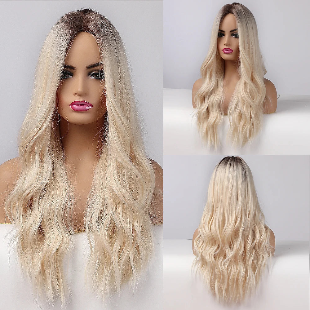 Long Wavy Middle-Part Synthetic Wig, Ombre Colors