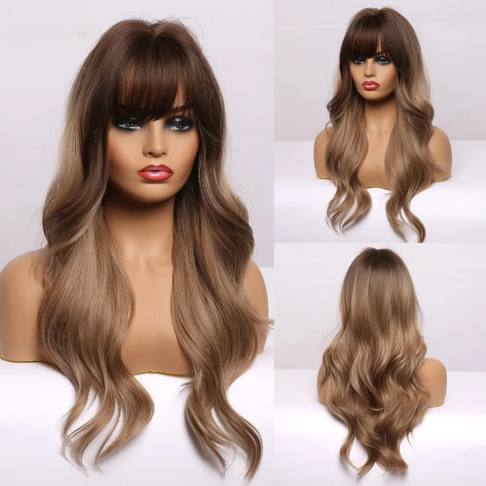 Long Wavy Middle-Part Synthetic Wig, Ombre Colors