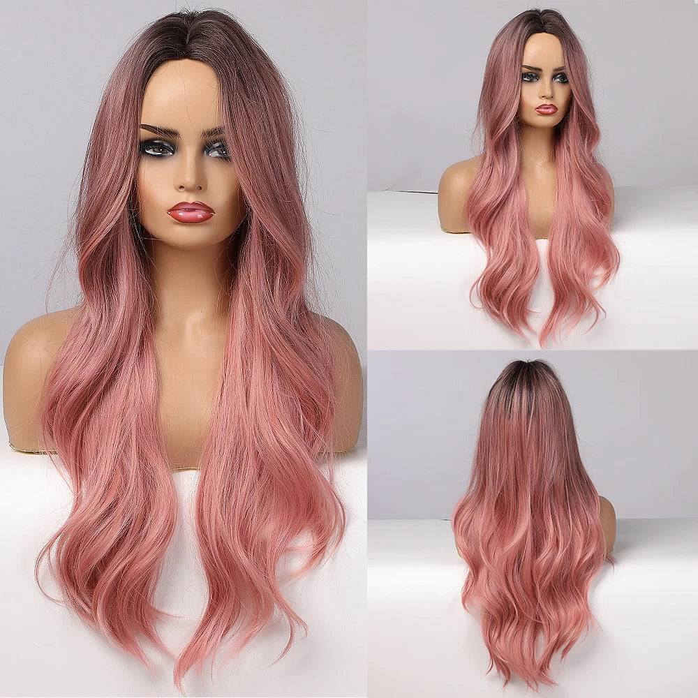 Long Wavy Middle-Part Synthetic Wig, Ombre Colors