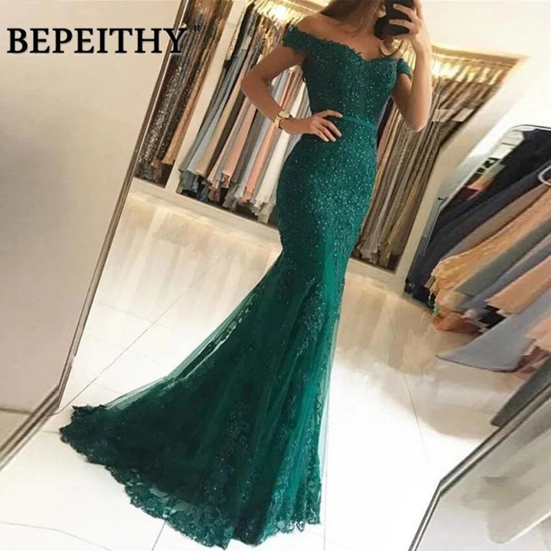 Off-Shoulder Lace Mermaid Evening Gown with Sweep Train