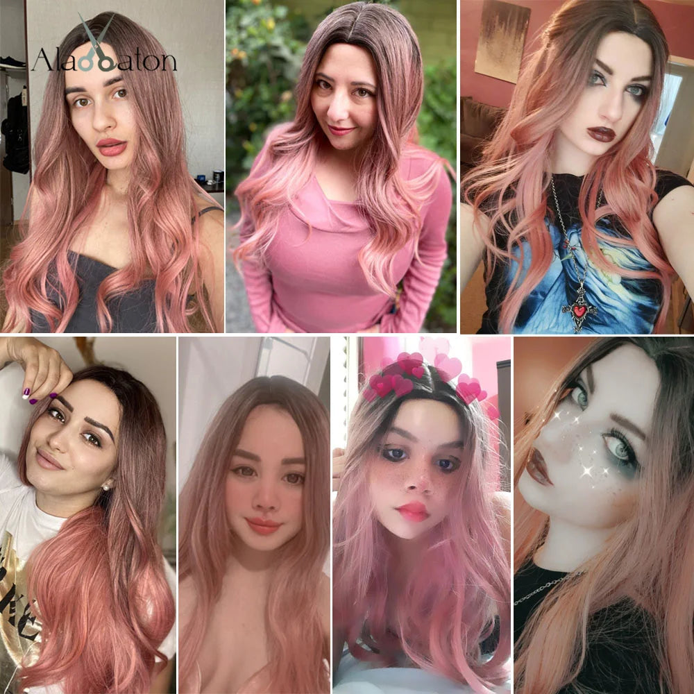 Long Wavy Middle-Part Synthetic Wig, Ombre Colors