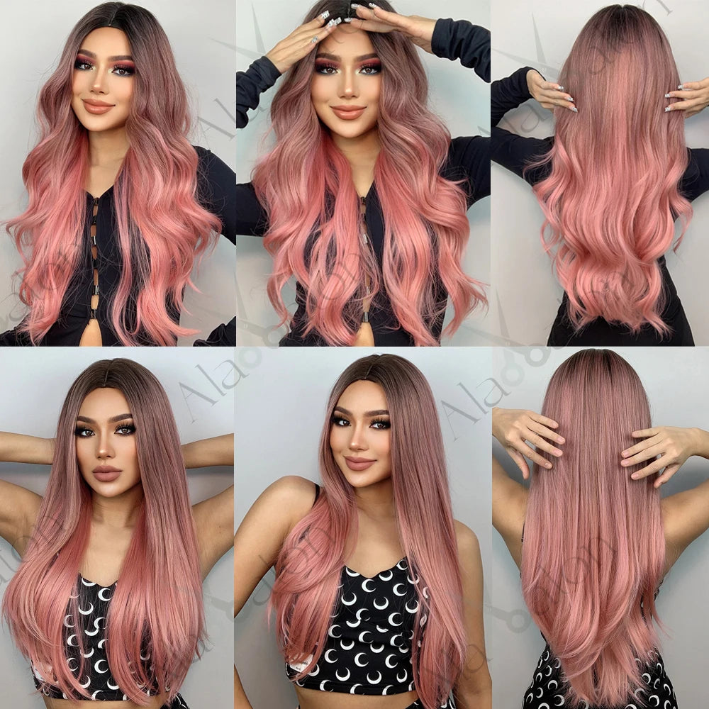 Long Wavy Middle-Part Synthetic Wig, Ombre Colors