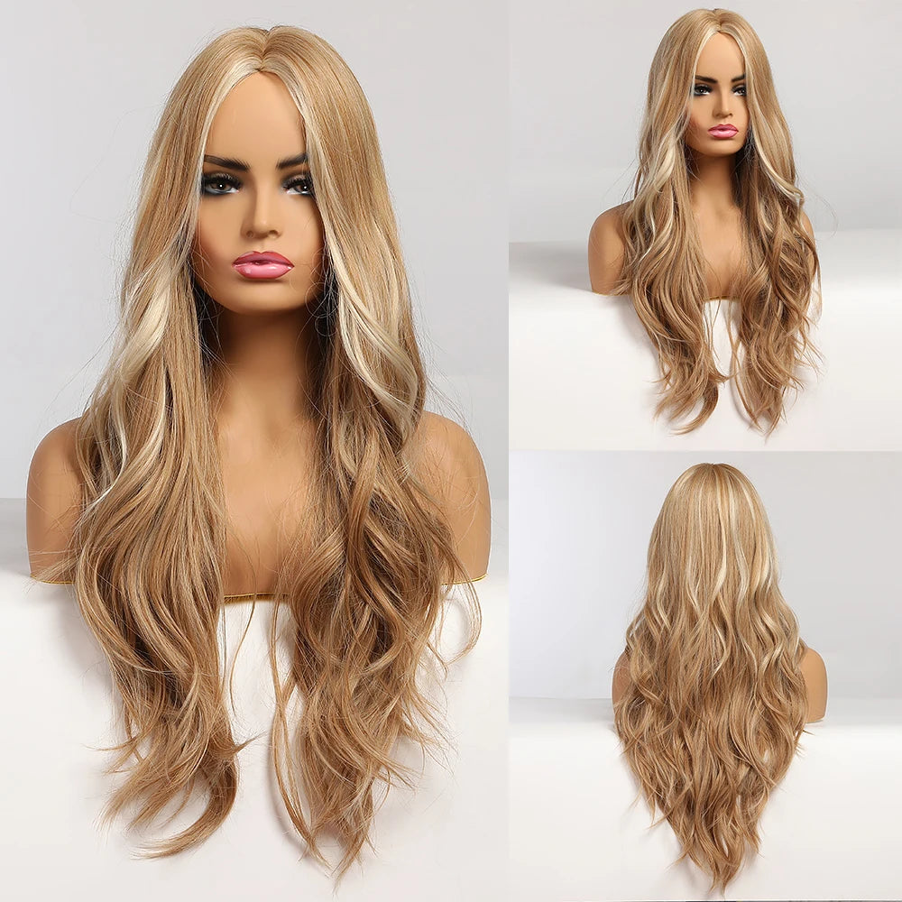 Long Wavy Middle-Part Synthetic Wig, Ombre Colors