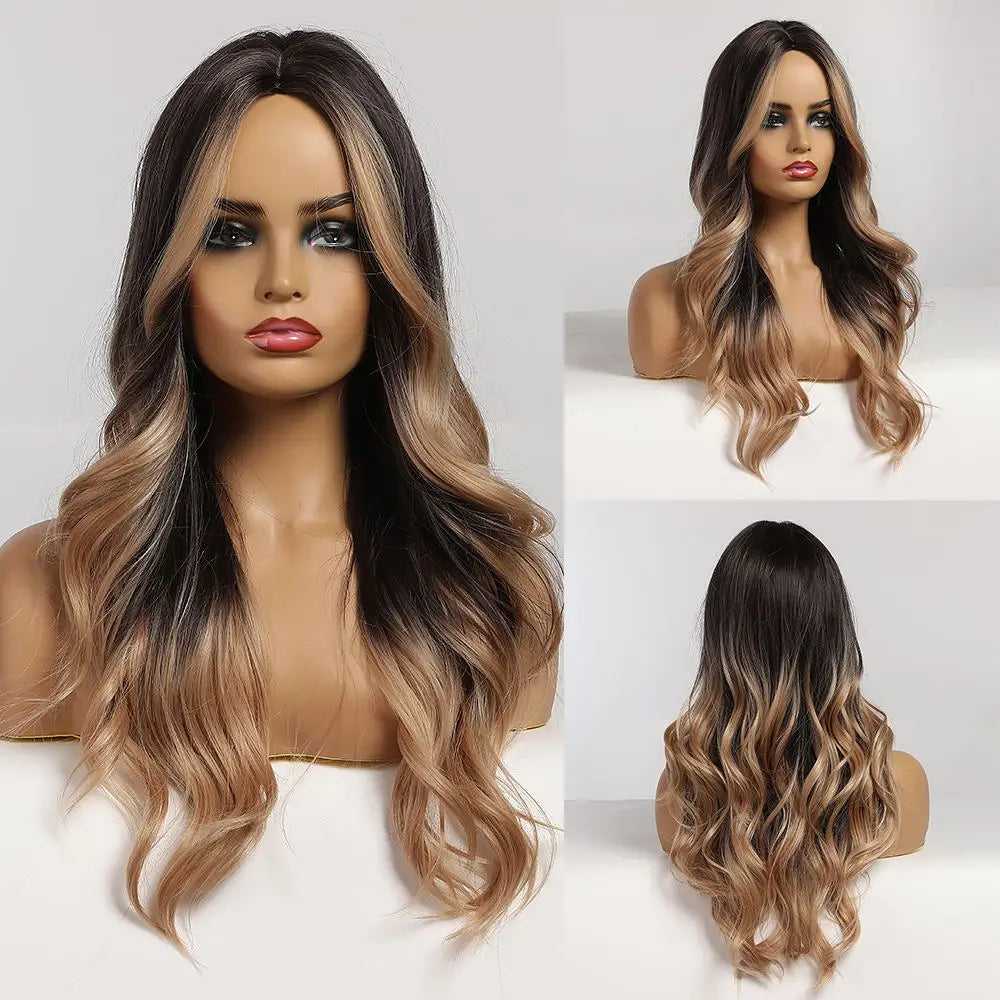 Long Wavy Middle-Part Synthetic Wig, Ombre Colors