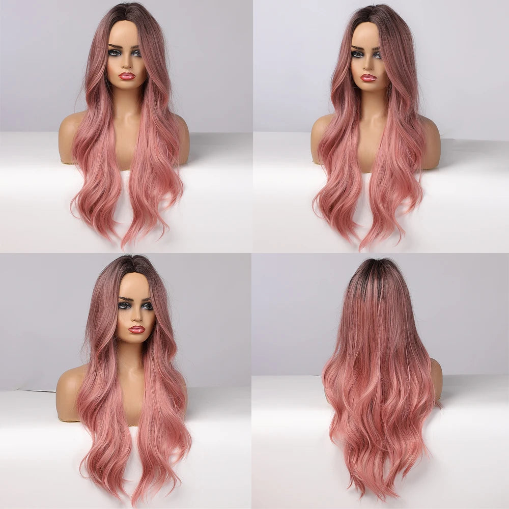Long Wavy Middle-Part Synthetic Wig, Ombre Colors