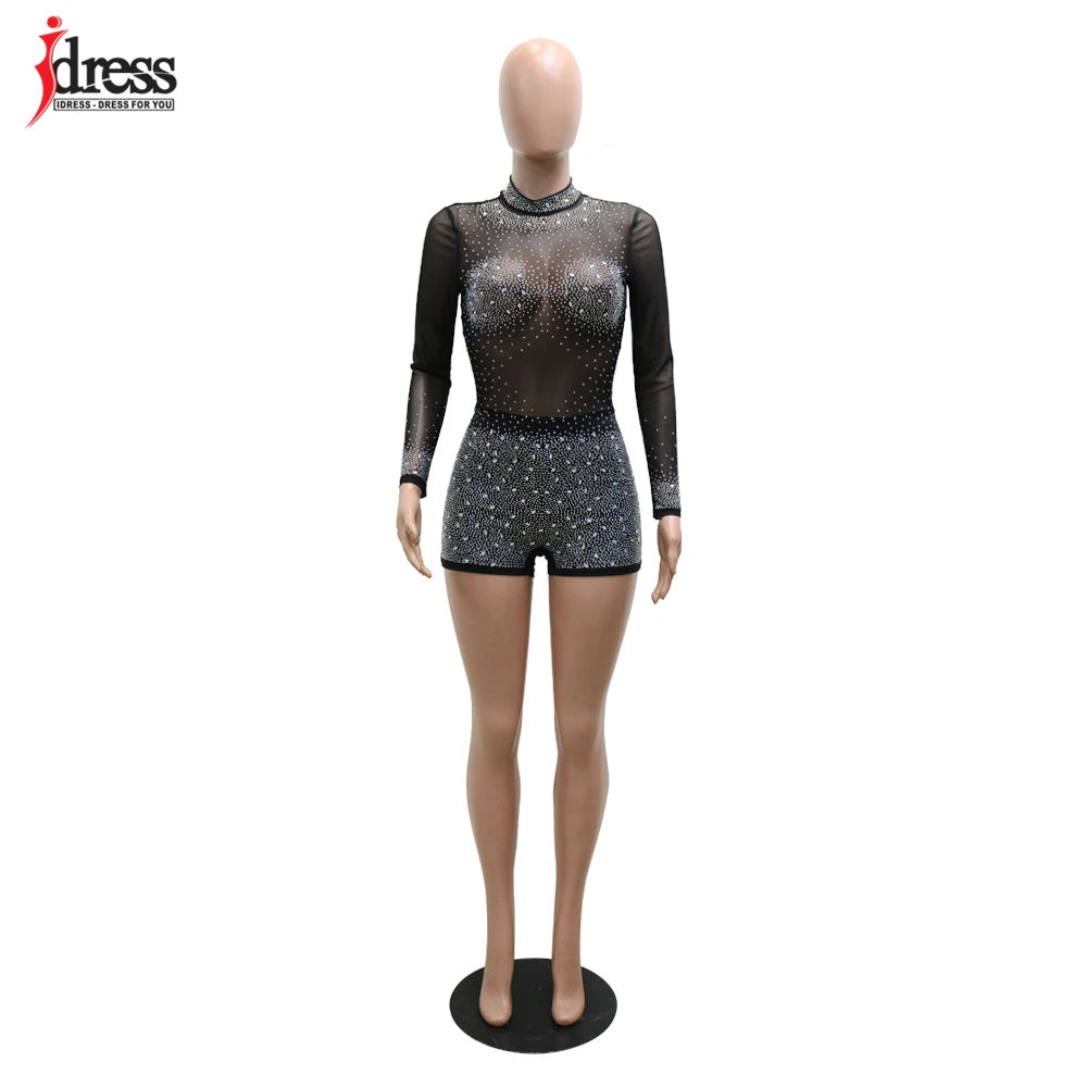 Rhinestone Mesh Long Sleeve Romper, Sheer Party Style