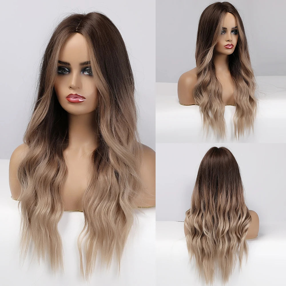 Long Wavy Middle-Part Synthetic Wig, Ombre Colors