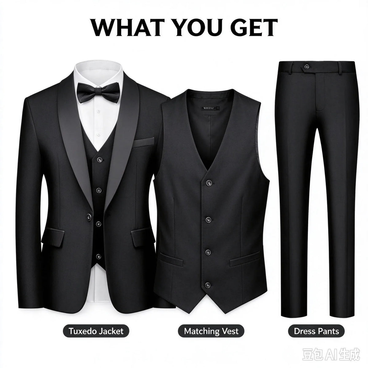 Men's 3 Piece Tuxedo Suit Set Shawl Lapel One Button Slim Fit Blazer Vest Pants Wedding Groom Prom Formal Party Business Outfit