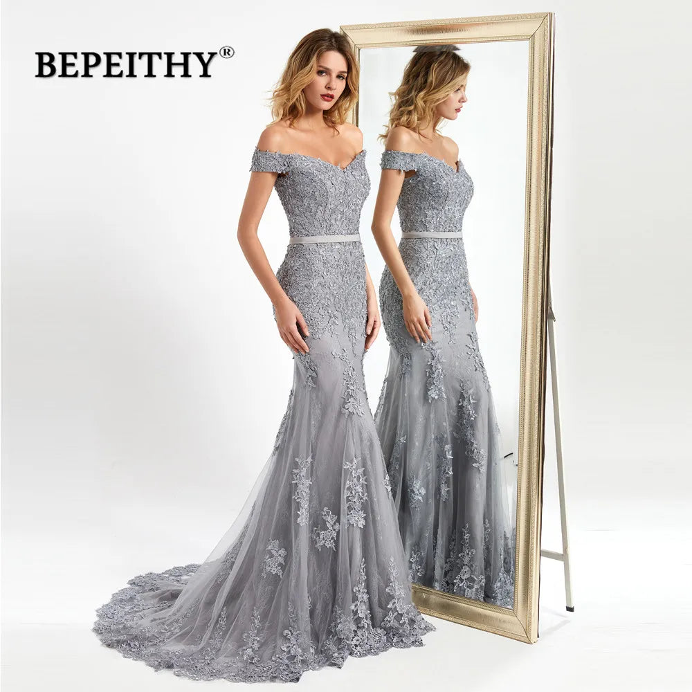 Off-Shoulder Lace Mermaid Evening Gown with Sweep Train