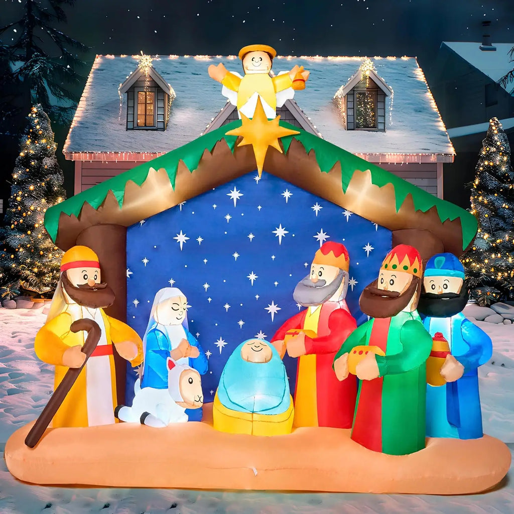 JOYFY 8 FT Long Christmas Inflatables Nativity Scene Christmas Nativity Set with Build-in LEDs for Xmas Party Yard Décor
