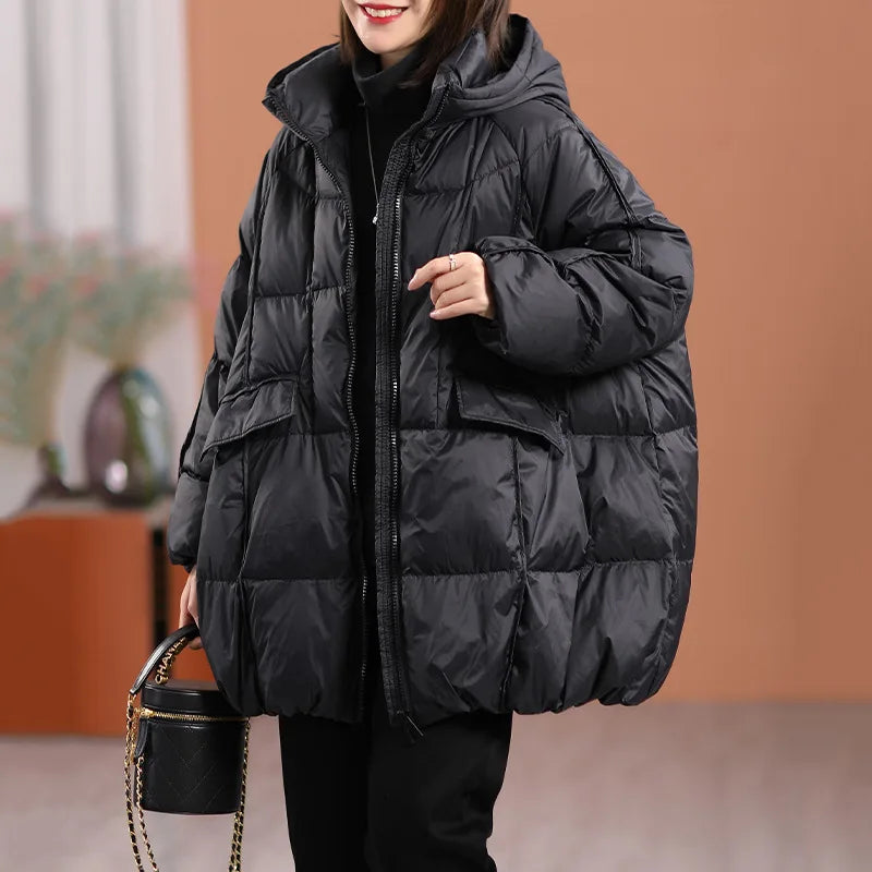 Hooded White Duck Down Puffer Jacket, Oversized Fit