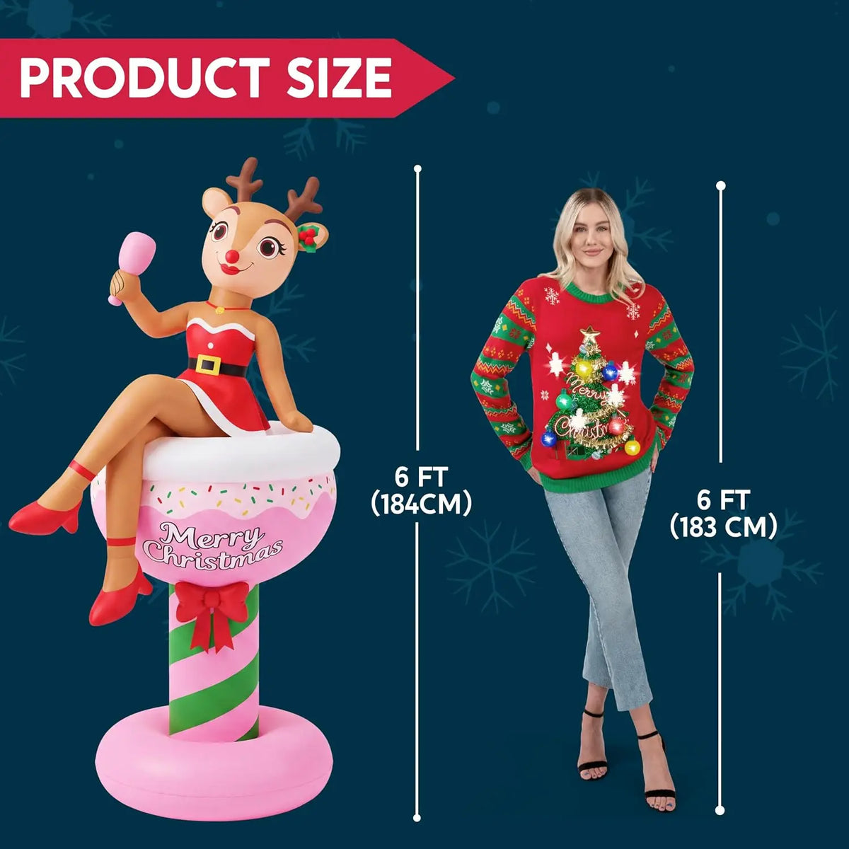 6FT Christmas Inflatable Reindeer Lady in Cocktail Glass Outdoor Decoration Reindeer Blow Up Christmas Decorations Party Ornament with Built‑in LED Light for Xmas Yard Garden Bar Holiday Decor