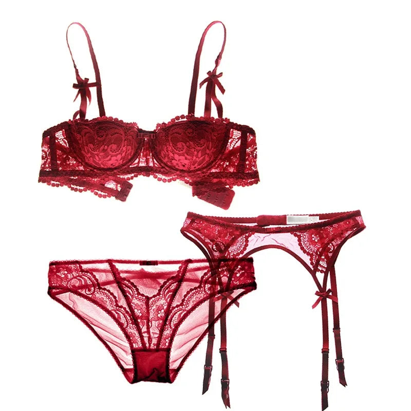 Floral Lace Push Up Bra Set with Panties and Garter