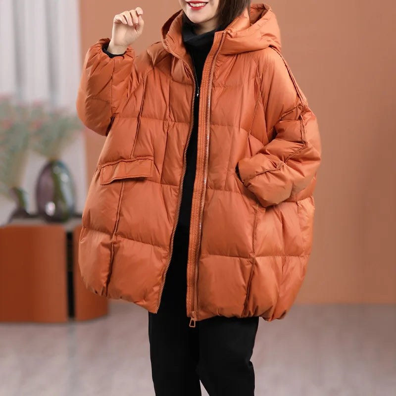 Hooded White Duck Down Puffer Jacket, Oversized Fit