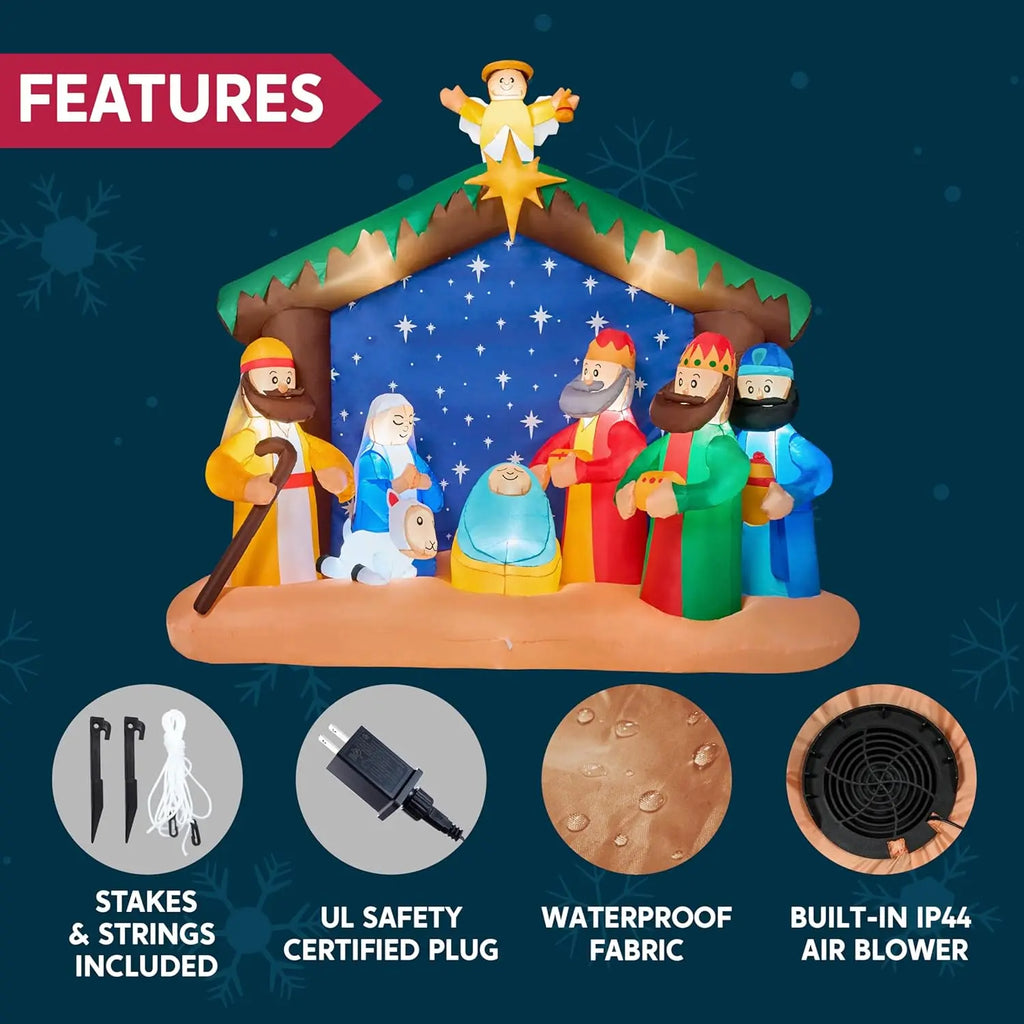 JOYFY 8 FT Long Christmas Inflatables Nativity Scene Christmas Nativity Set with Build-in LEDs for Xmas Party Yard Décor