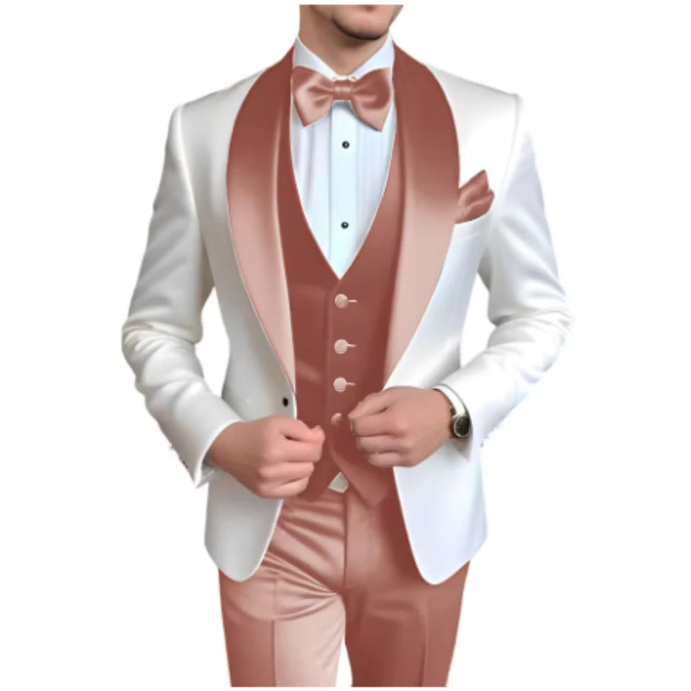 Customized Men's 3-Piece Tuxedo with Shawl Lapel Smoking Suit Wedding Groomsmen Formal Party Blazer Vest Pants Ternos Masculinos