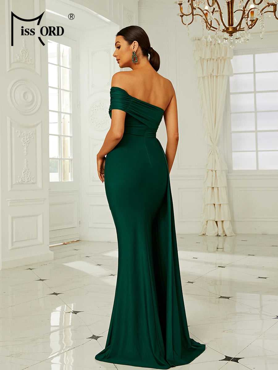 Asymmetric Off-Shoulder Draped Evening Gown