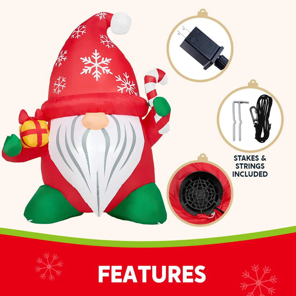 6-Foot LED Christmas Inflatable Gnome with Gift & Candy Cane