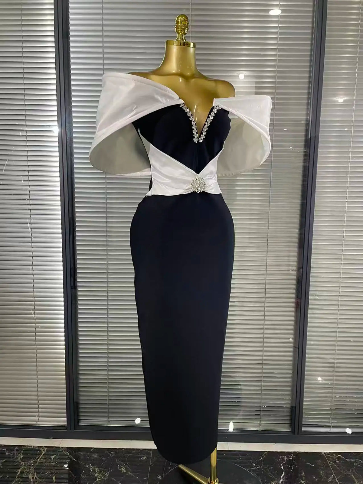 Black and White Off-Shoulder Embellished Evening Dress