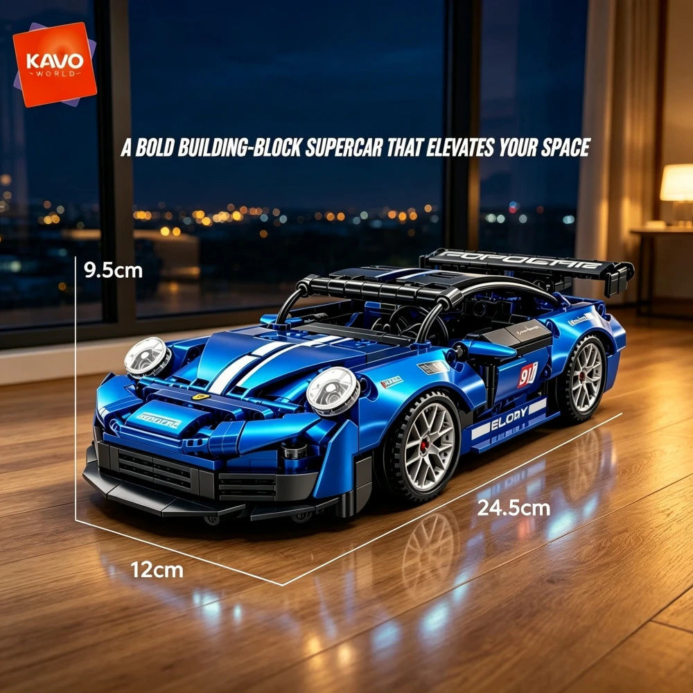 KAVOWORLD Metallic-Blue Sports Car Building Set – 444 Pieces