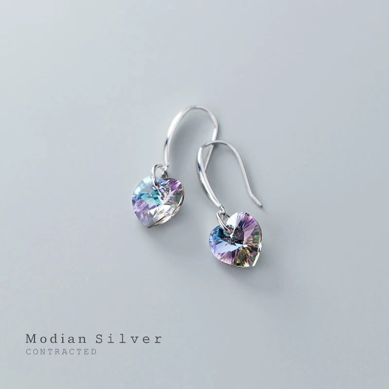 Rainbow Crystal Heart Drop Earrings – Silver or Rose-Gold Color