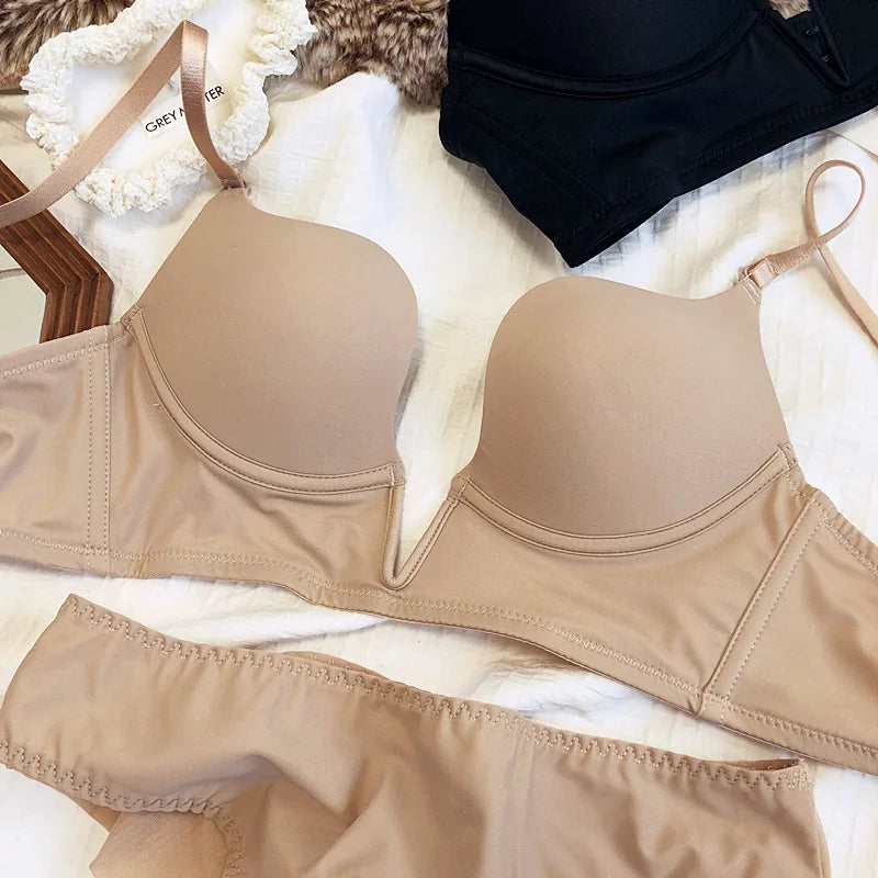 Seamless Plunge Push Up Bra and Brief Set