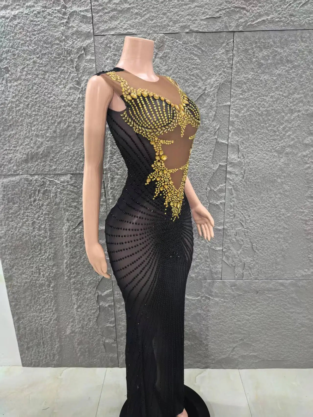 Black and Gold Embellished Sheer Mesh Evening Dress