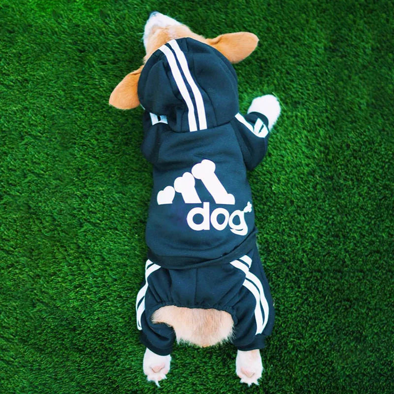 Hooded Dog Jumpsuit with Stripes & Bone Graphic