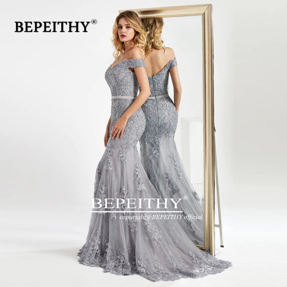 Off-Shoulder Lace Mermaid Evening Gown with Sweep Train