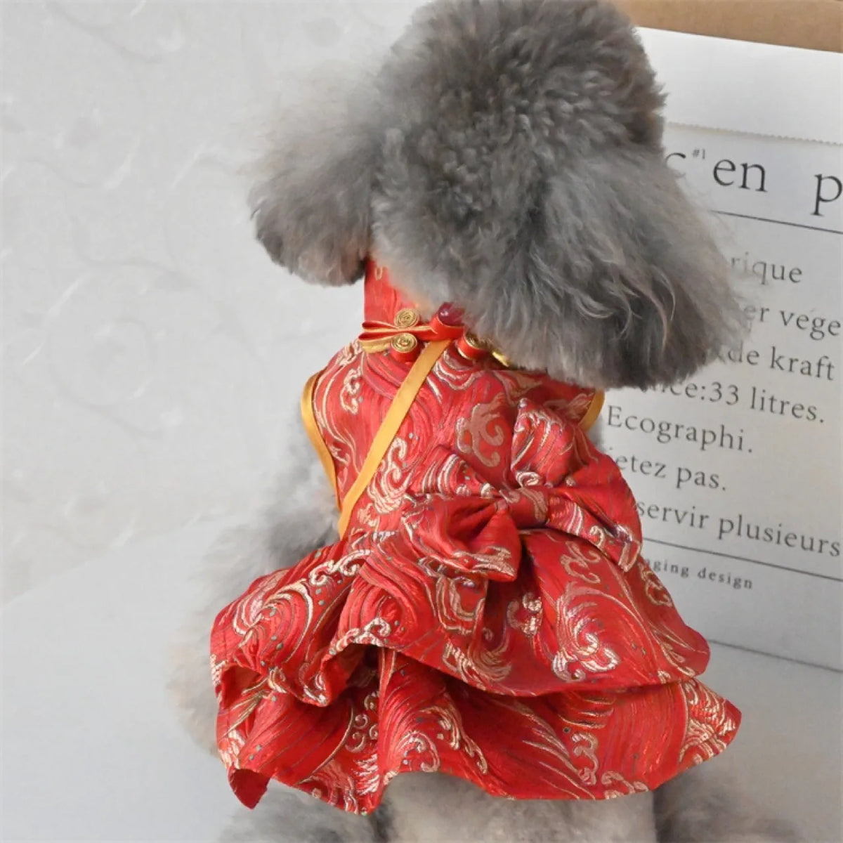 Chinese-Inspired Red & Gold Dog Dress with Bow
