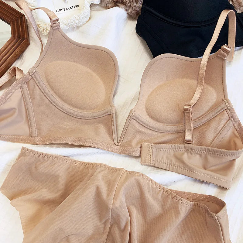 Seamless Plunge Push Up Bra and Brief Set