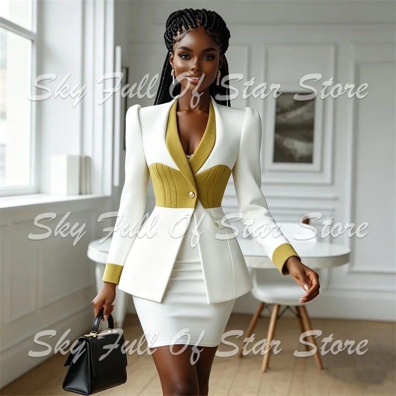 Contrast-Panel Peplum Blazer & Mini Skirt Set
