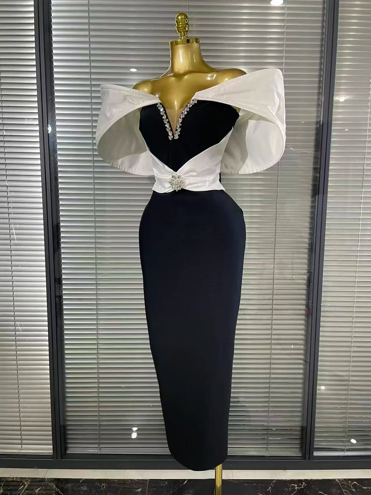 Black and White Off-Shoulder Embellished Evening Dress