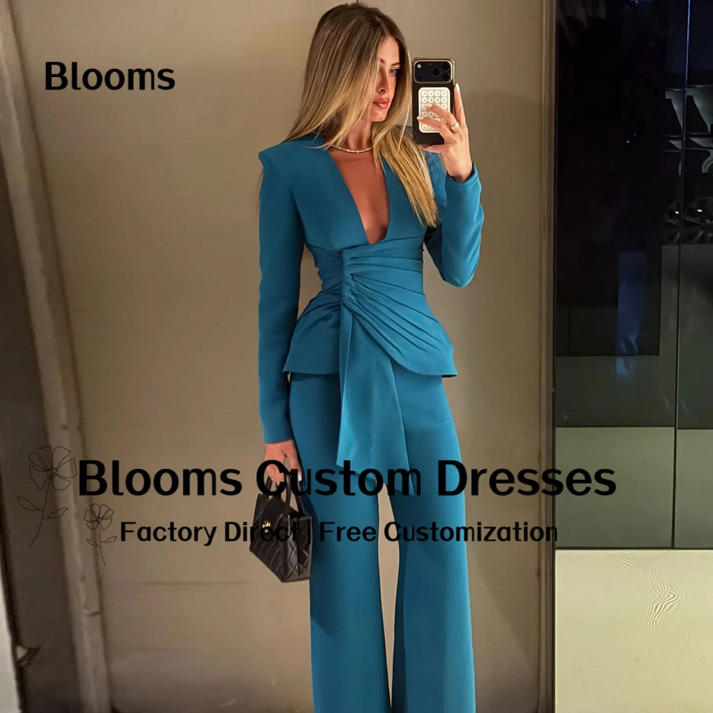 Women's Teal Deep-V Evening Pant Suit with Ruched Top