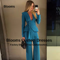 Women's Teal Deep-V Evening Pant Suit with Ruched Top