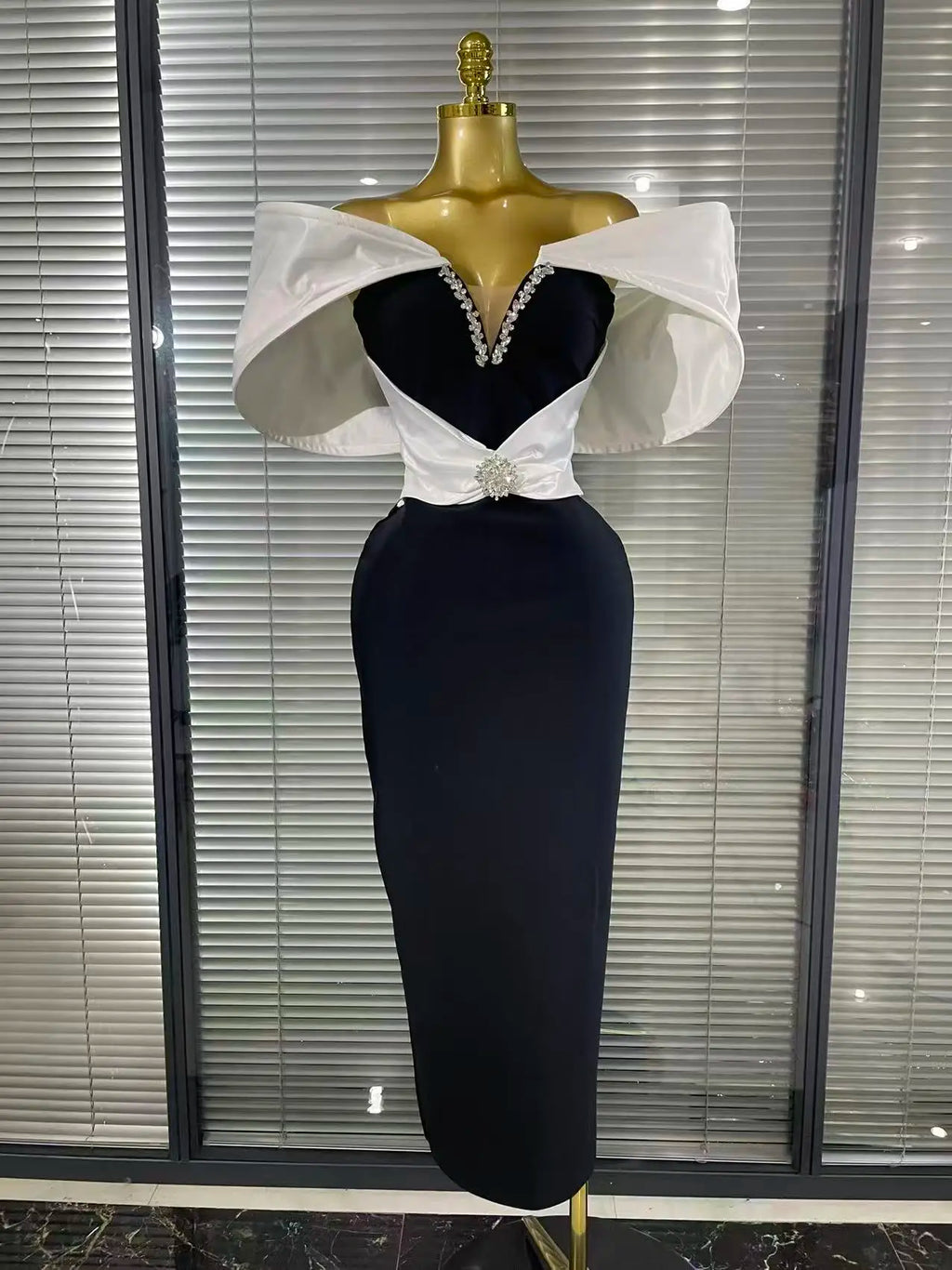 Black and White Off-Shoulder Embellished Evening Dress