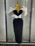 Black and White Off-Shoulder Embellished Evening Dress