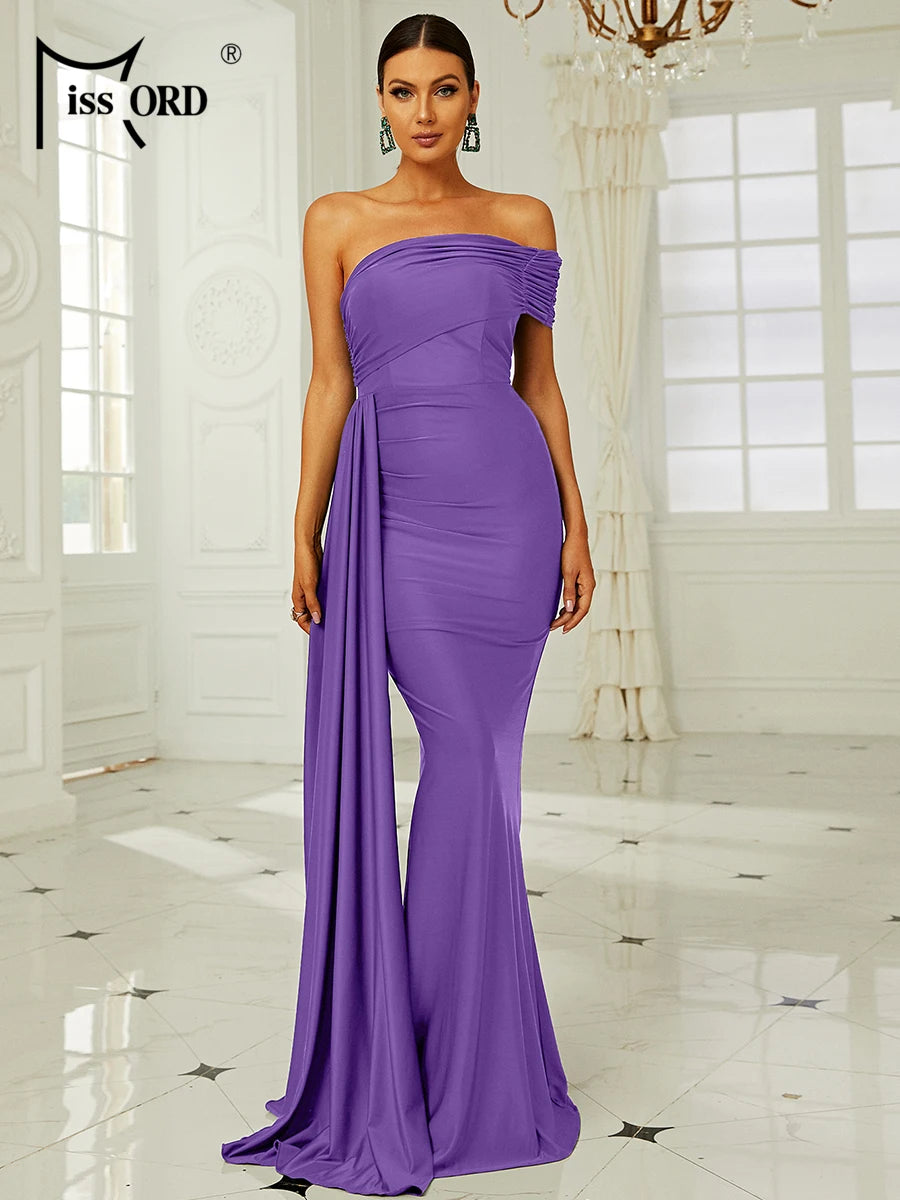 Asymmetric Off-Shoulder Draped Evening Gown