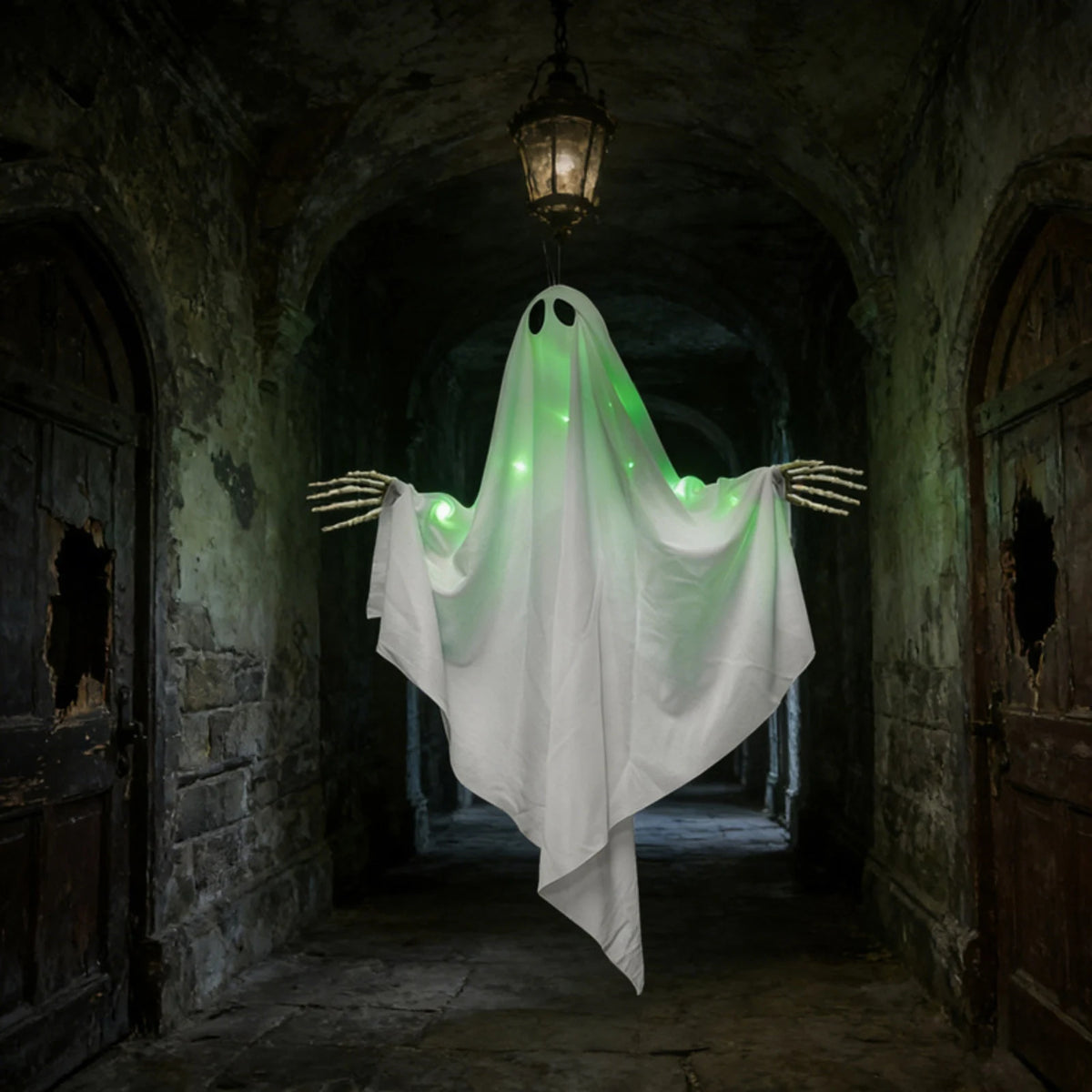 Green Light-Up Hanging Halloween Ghost – Skeleton Hands