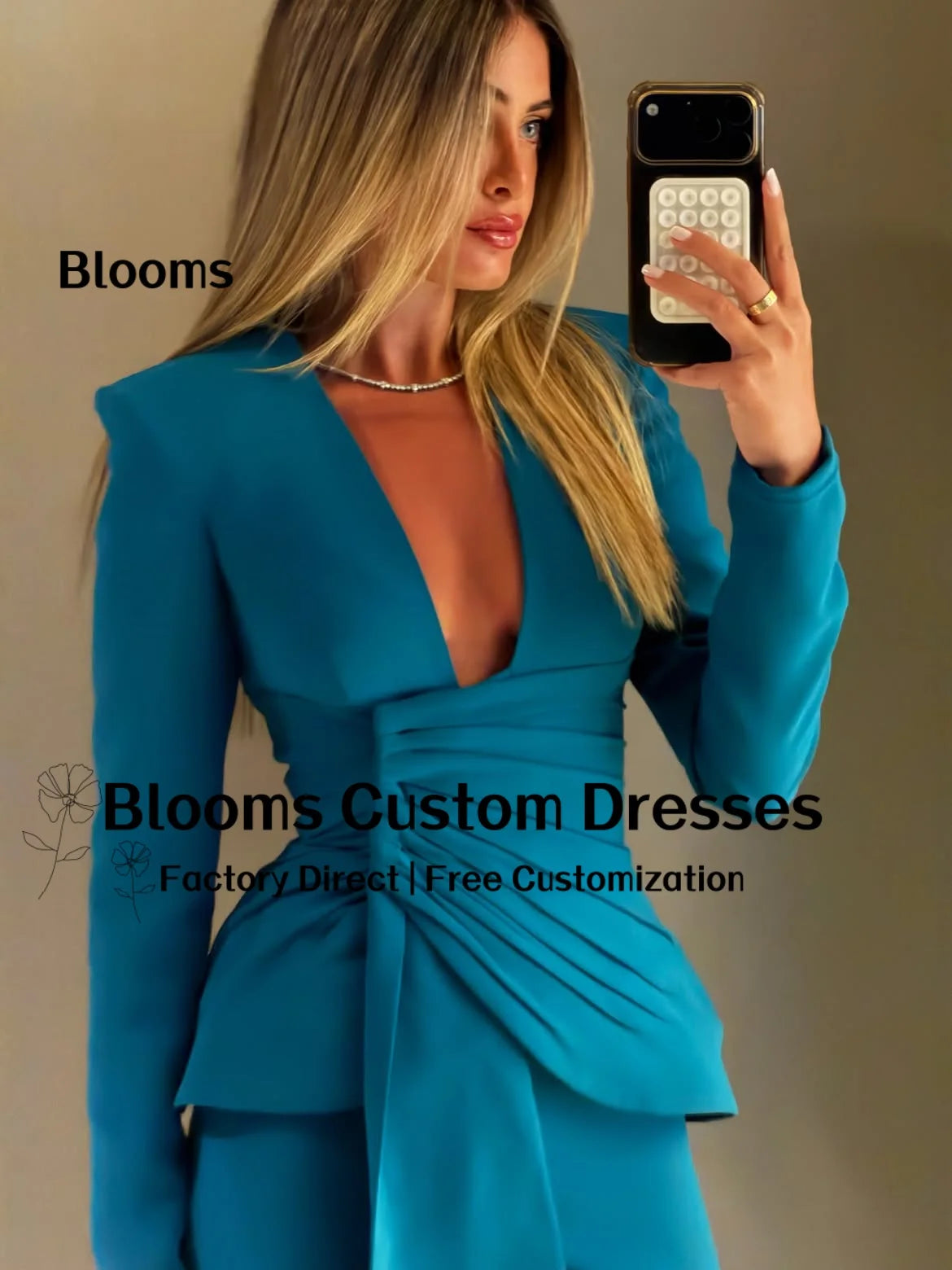 Women's Teal Deep-V Evening Pant Suit with Ruched Top