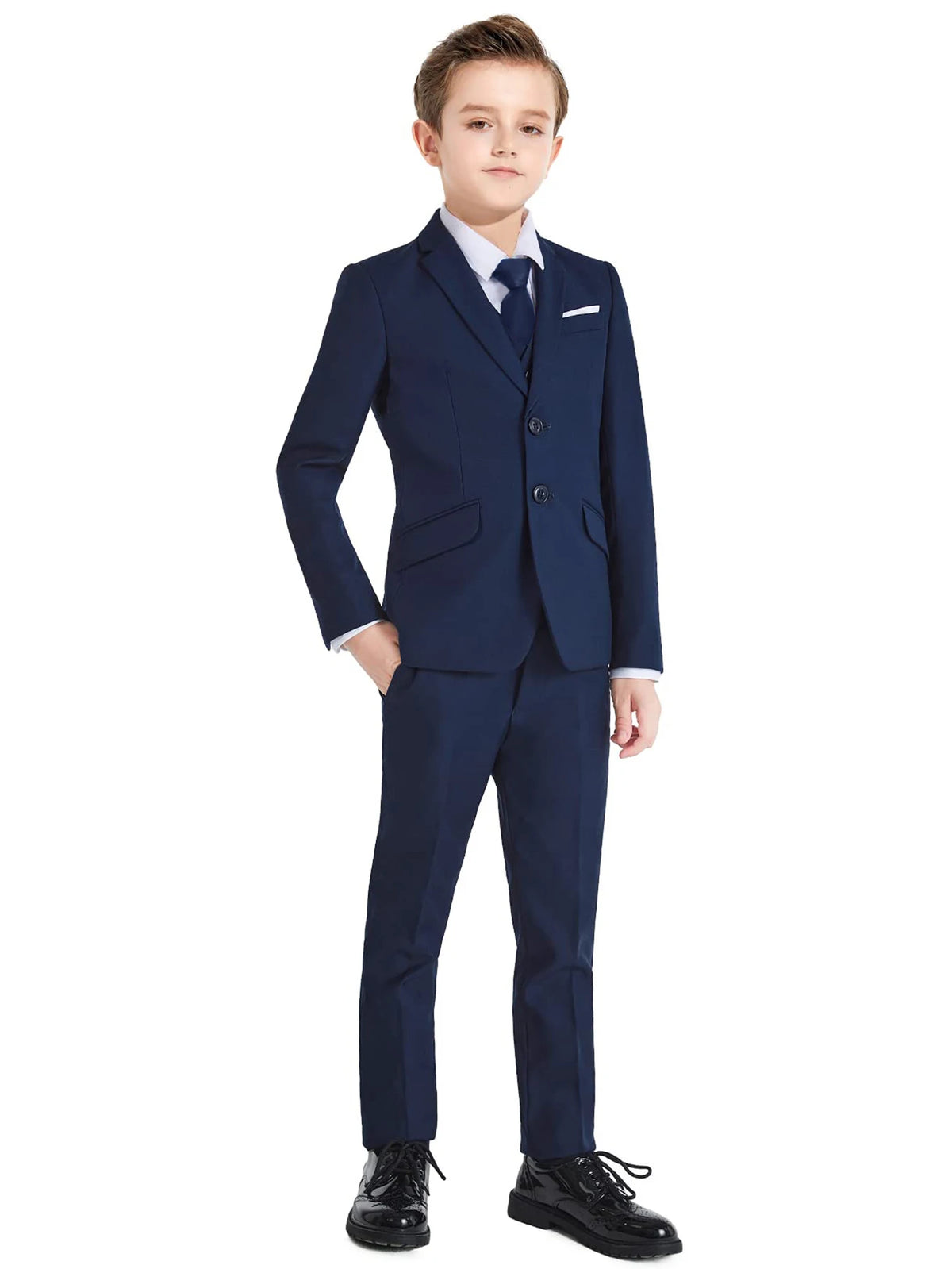 Boys’ 5-Piece Slim-Fit Formal Suit Set – Jacket, Vest, Trousers, Shirt & Tie