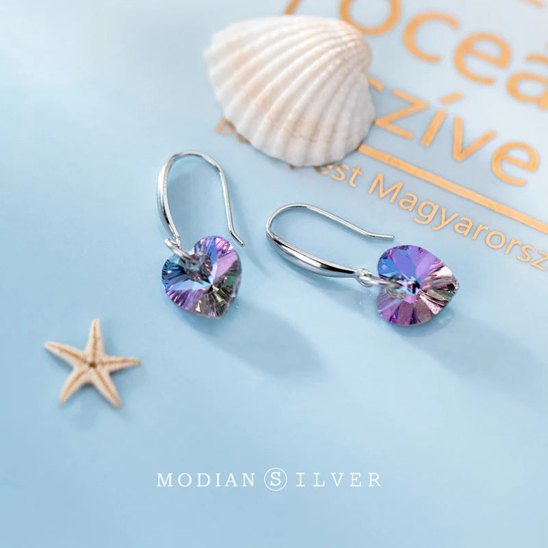 Rainbow Crystal Heart Drop Earrings – Silver or Rose-Gold Color