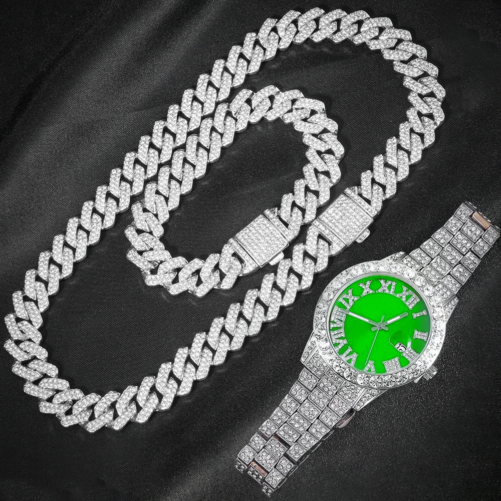 Iced-Out Cuban Chain Jewelry Sets – 2-Piece & Colored Watch Options