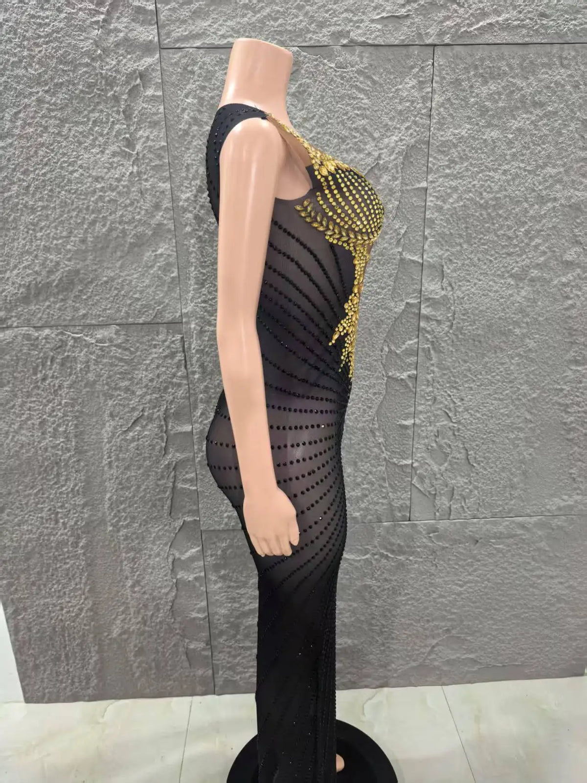 Black and Gold Embellished Sheer Mesh Evening Dress