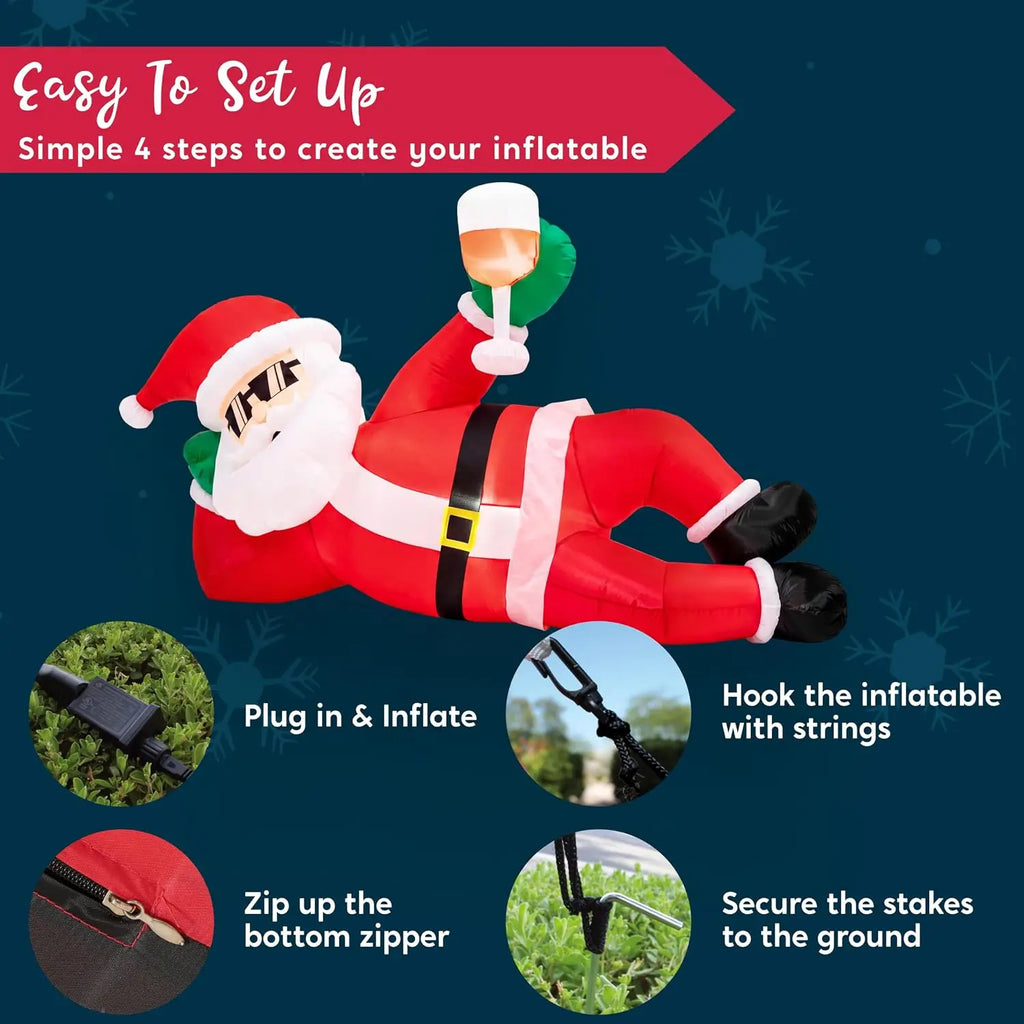 9FT Giant Christmas Inflatable Santa Outdoor Decoration Lying Santa Claus Christmas Blow Ups Yard Decorations with Built‑in LED Lights for Xmas Roof Lawn Garden Patio Holiday Party Decor