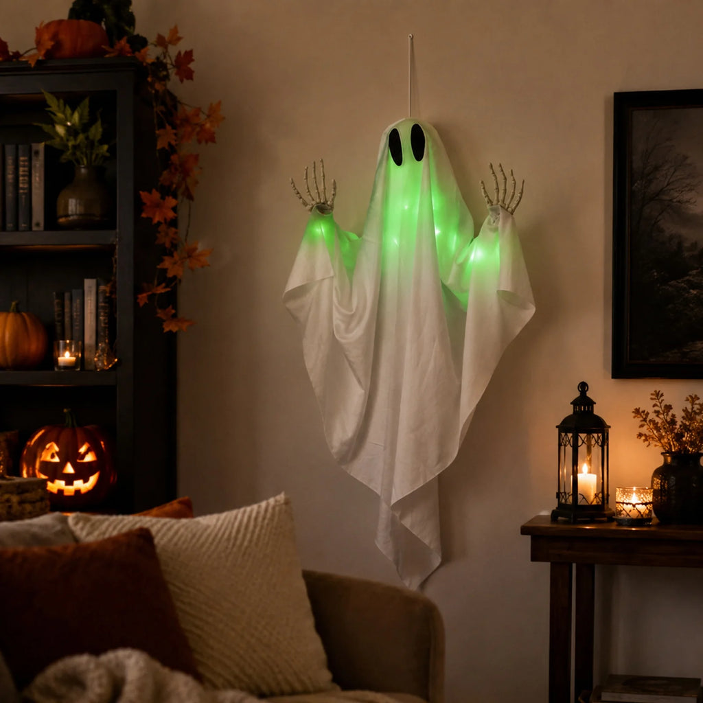 Green Light-Up Hanging Halloween Ghost – Skeleton Hands