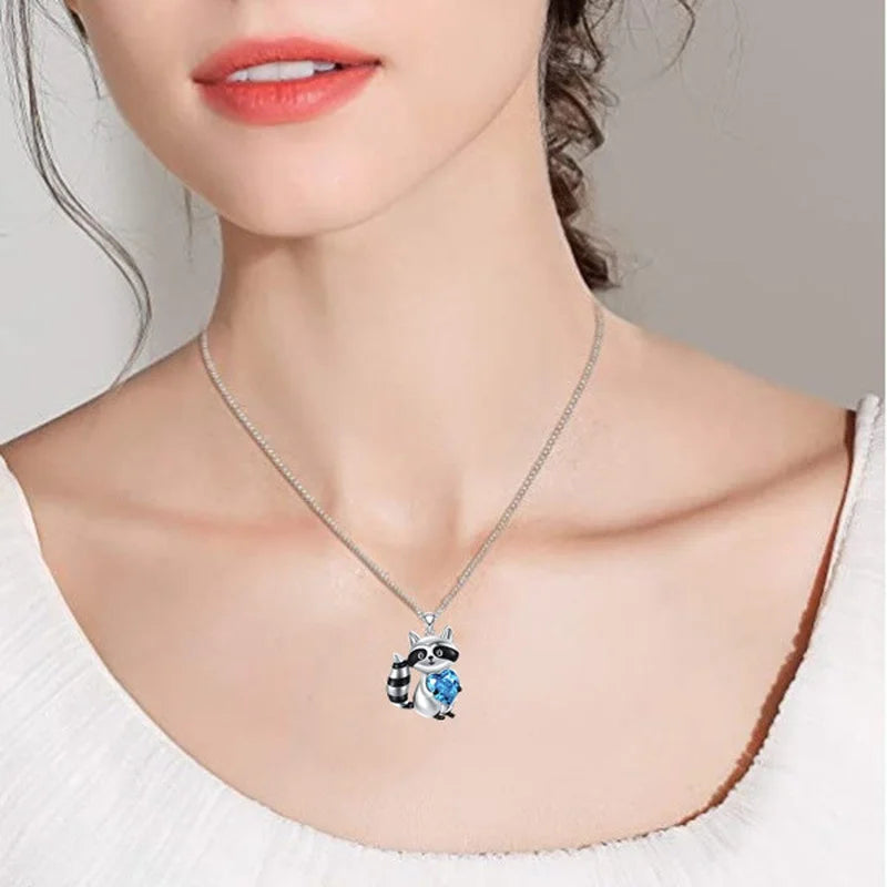 Raccoon Pendant Necklace with Blue Heart Accent