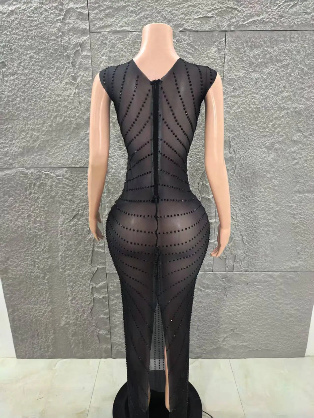 Black and Gold Embellished Sheer Mesh Evening Dress