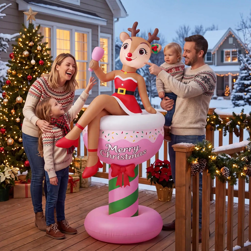 6FT Christmas Inflatable Reindeer Lady in Cocktail Glass Outdoor Decoration Reindeer Blow Up Christmas Decorations Party Ornament with Built‑in LED Light for Xmas Yard Garden Bar Holiday Decor