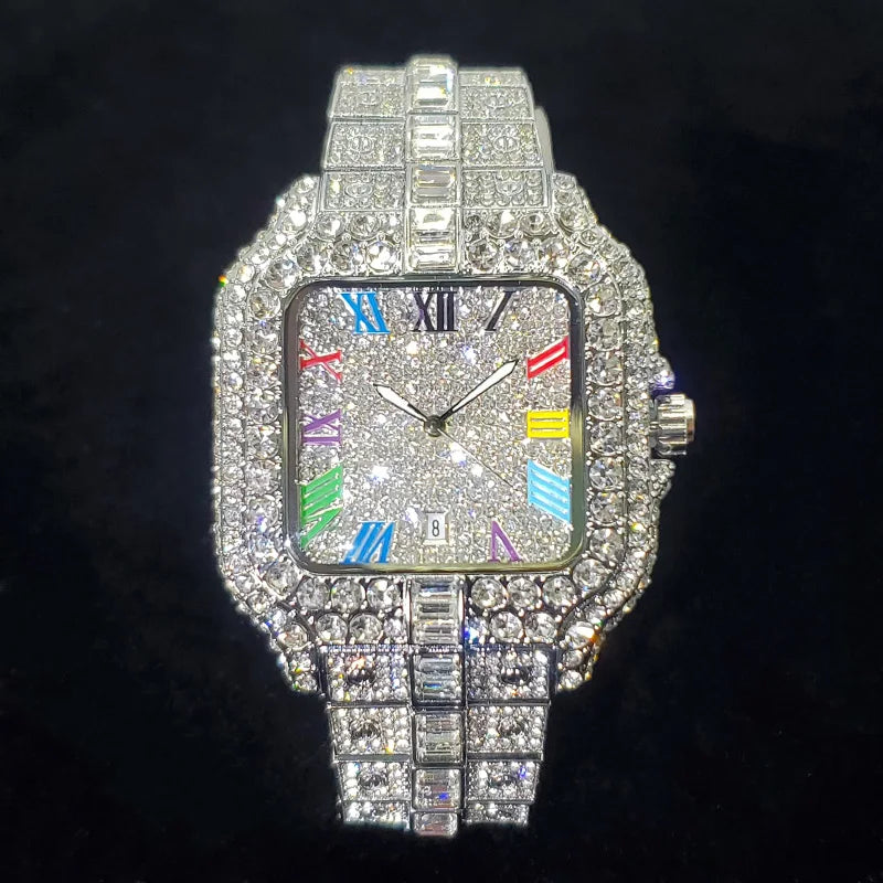 Men's Iced-Out Square Quartz Watch with Colorful Roman Numerals